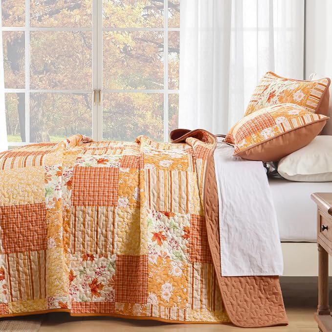 Mybedsoul Orange Quilt Set King Size Quilt Bedding Set, 3 Pieces Floral - Image 4
