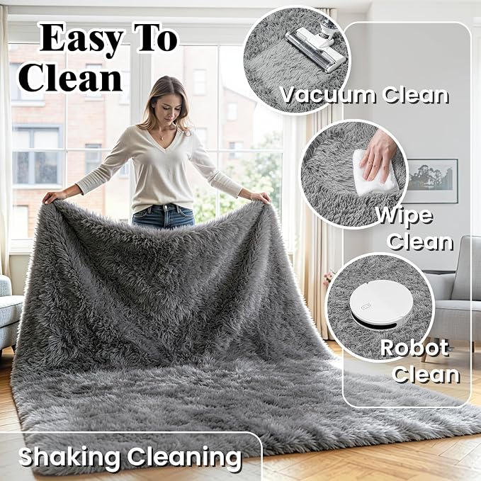 4x6 Fluffy Area Rug for Living Room: Non-Slip Light Grey Bedroom Carpet | Ultra - Image 6