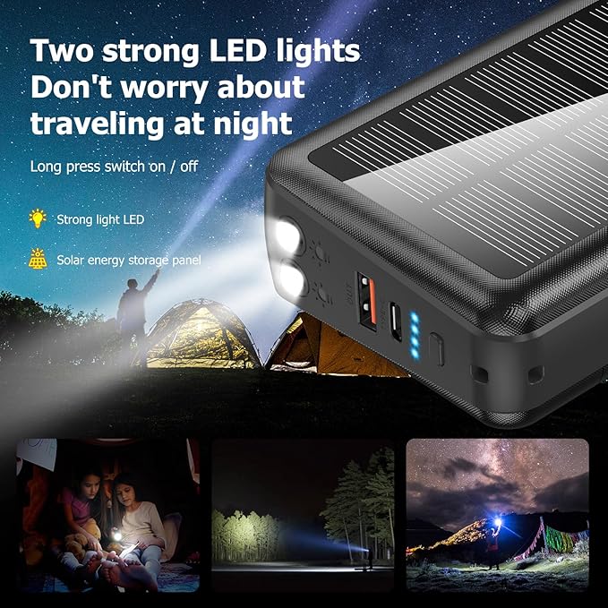 boogostore Portable Charger with Built in Cable and Wall Plug 50000mAh PD30W Fast Charging Solar Power Bank with 5 Output & 2 Input Dual LED Flashlights Phone Holder External Battery Pack (Black)