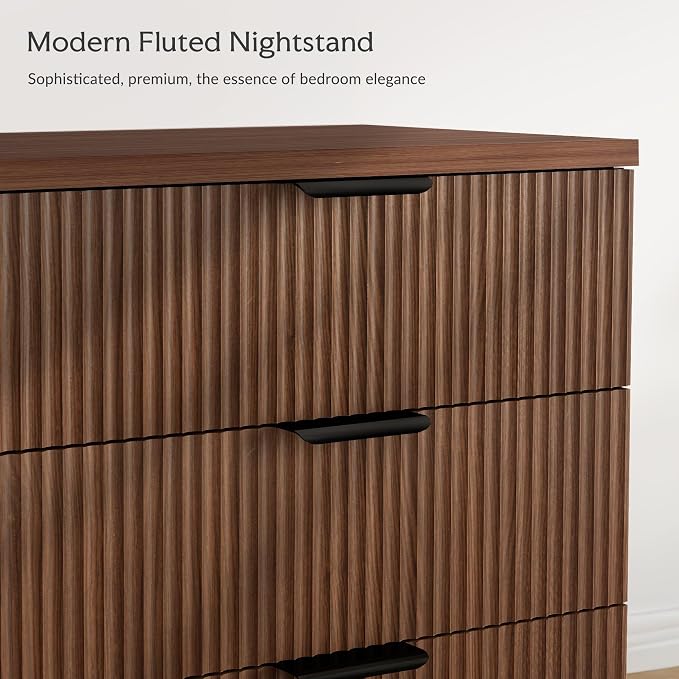 25.6" W Fluted Nightstand with 3 Drawer, Mid-Century Modern Night Stands | - Image 3