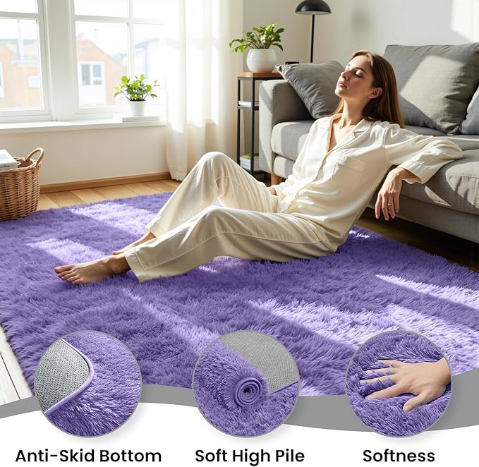 6x9 Fluffy Area Rug for Living Room: Soft Non-Slip Purple Bedroom Carpet | - Image 5