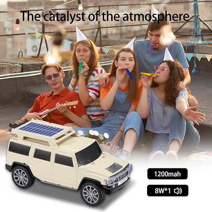 WSTER WS-696 Solar Bluetooth Replica Speaker – Portable Modern Off-Road Car Design with HD Sound, TWS, LED Party Light, USB/TF Playback, FM, Built-in Microphone, Surprise Gift(Beige)