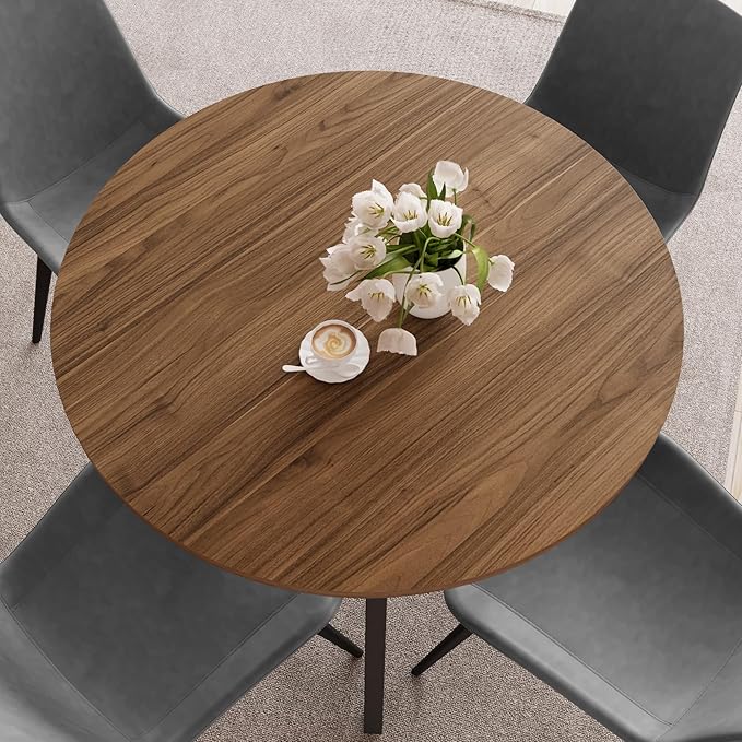 34.6'' Dining Table and Chairs for 2, Mid Century Modern Round Table Set, Space Saving for Apartment Kitchen Dining Room (Walnut Table+2 Grey Chairs)