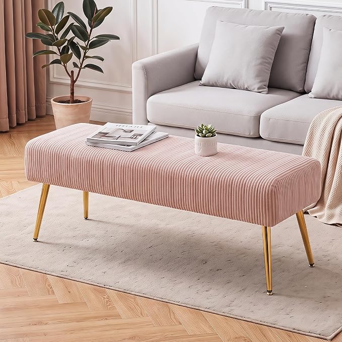 44 Inch Bedroom Bench, Modern Ottoman End of Bed Bench, Upholstered Corduroy - Image 9