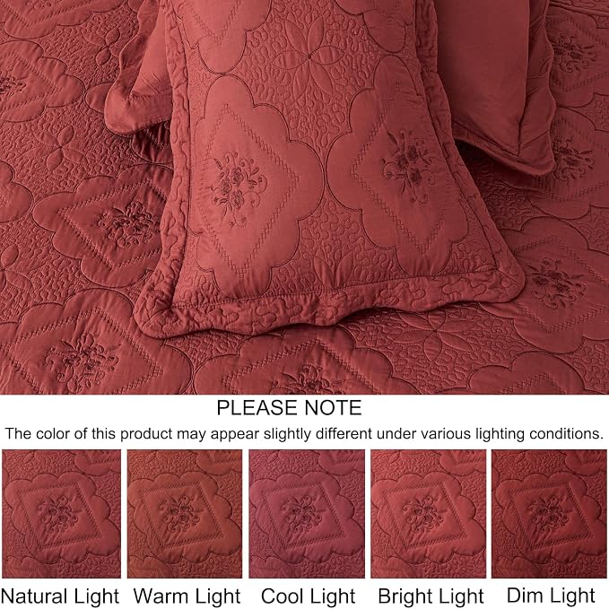 Cmfshape Floral Embroidery Quilt Set, 3 Pieces Queen Quilt Bedding Set - Image 7