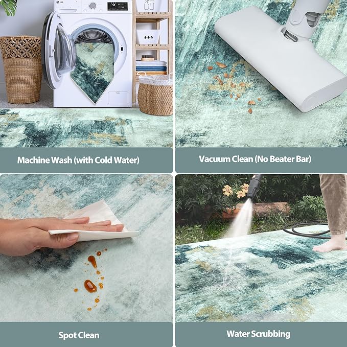 6x9 Area Rugs for Living Room Washable Bedroom Dining Room Teal Grey Gold | - Image 5