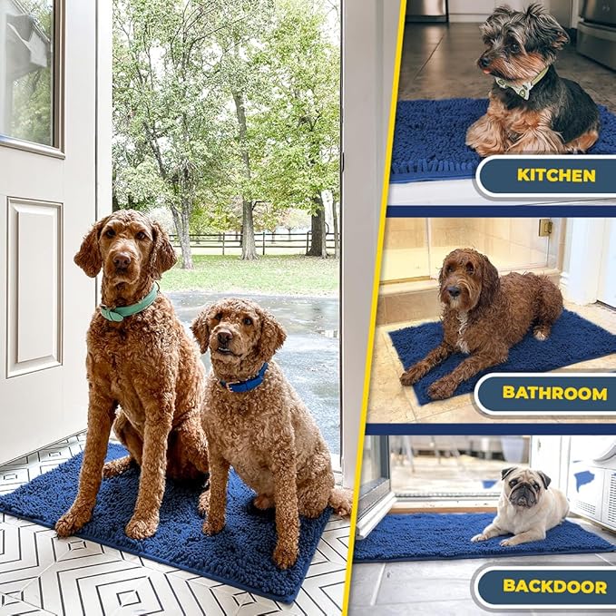 Muddy Mat® AS-SEEN-ON-TV Highly Absorbent Microfiber Dog Door Mat and Pet Rug, Non Slip Thick Washable Area and Bath Mat Soft Chenille for Kitchen Bathroom Bedroom and Indoor- Navy Blue Runner 24"X60"