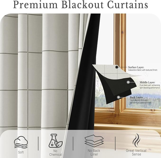 NICETOWN 100% Blackout Grey Plaid Curtains - Image 3