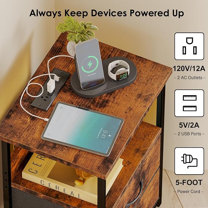 Fixwal Night Stand with Charging Station, Led Nightstand, 2 Fabric Drawers | - Image 5