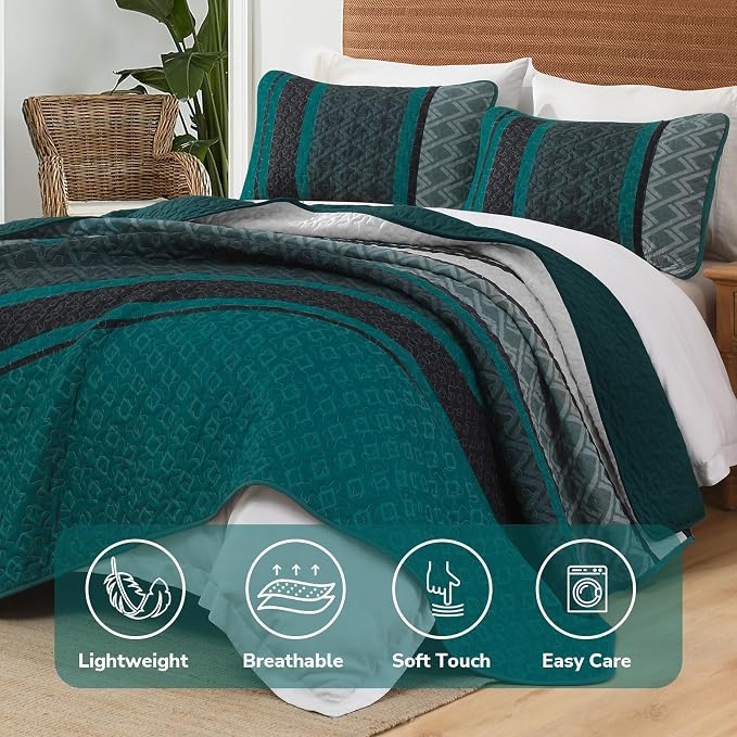 Dinjoy Quilts King Size, Striped Bedspread Bedding Sets, Dark Green | 3 Pieces - Image 4