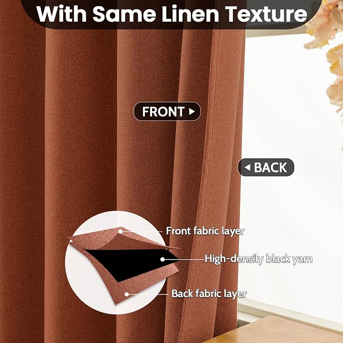 COSVIYA 100% Blackout Burnt Orange Linen Curtains & Drapes 72 Inch Length | - Image 3