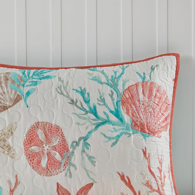 Madison Park Cotton Coastal Starfish Coral Queen Quilt Set, Down Alternative - Image 9