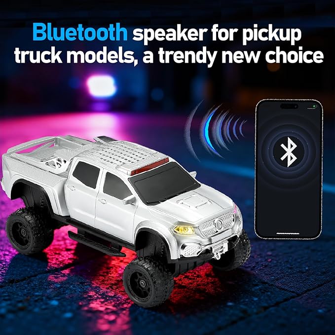 WSTER WS-X65 Pickup Truck Replica Bluetooth Speaker – HD Sound, FM Radio, TWS Stereo, LED Party Lights, USB/TF Playback, Built-in Mic – Cool Portable Car Design Speaker for Outdoors & Home (Silver)
