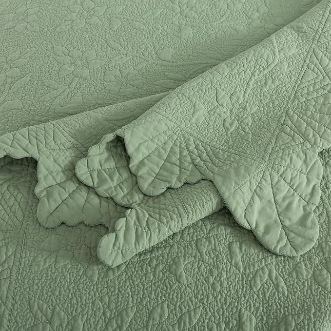 Brandream Premium Sage Green Cotton Quilt Set Queen Size Floral Vine Stitching - Image 7