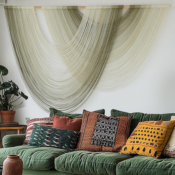 Macrame Wall Hanging Boho Tapestry Dip Dyed Ombre Moss Green 57"W*39"L | - Image 2