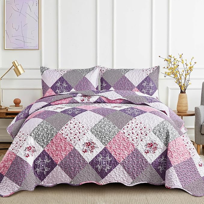 Dinjoy Purple Quilt Set Twin Size, Reversible Patchwork Floral Bedspreads | by DINJOY