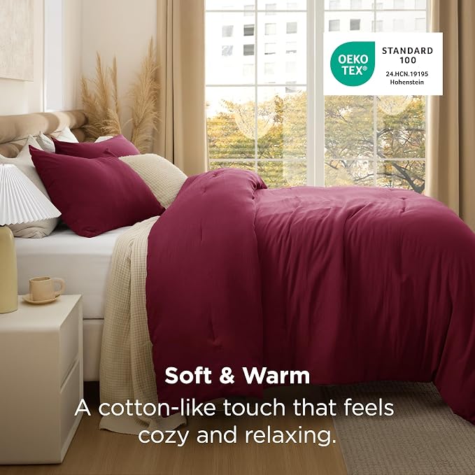 Bedsure Twin/Twin XL Comforter Set, Dark Red Soft Prewashed Bedding - Image 3