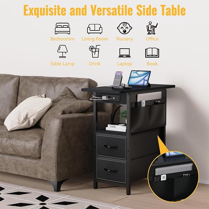 Yenlure Small Side Table with Charging Station, Narrow Nightstand Bedside - Image 5