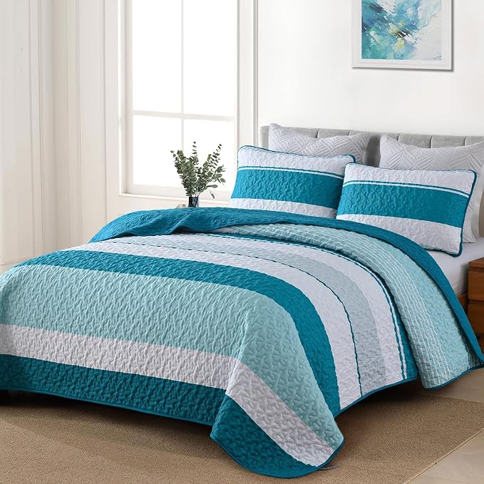 Dinjoy King Boho Striped Quilt Set, Teal Lightweight Bedspread Bedding | Soft - Image 4