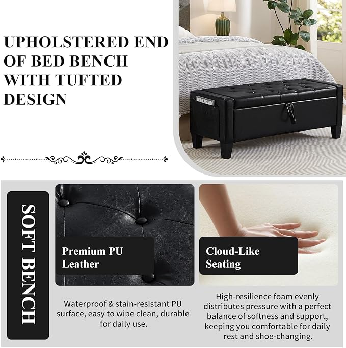 Modern Storage Ottoman Bench, PU Leather Upholstered End of Bed Bench - Image 4