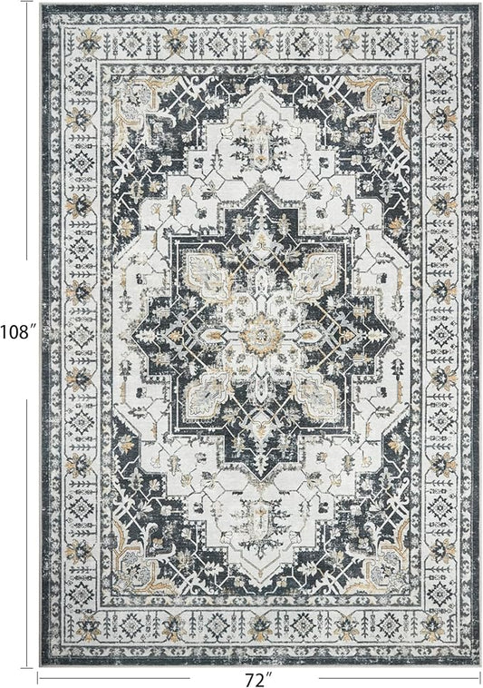 zesthome Washable Rug 6x9 Area Rugs,Stain Resistant Rugs for Living Room,Bedroom,Non-Slip Backing Home Decor Rug, Vintage Medallion Pattern Rugs (Black,6'x9')