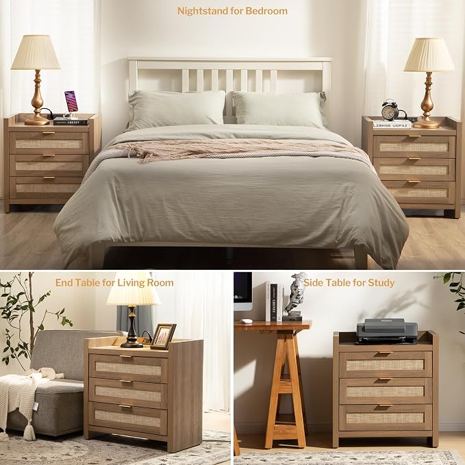 SICOTAS Rattan Nightstand for Bedroom, Bedside Table - Image 7