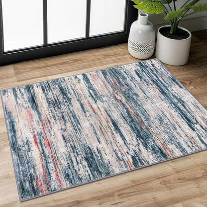 2x3 Modern Abstract Rug for Entryway, Teal Blue Peach Gray Multi Super Soft Small Washable Area Rugs, Non-Slip Low-Pile Mat Carpet for Kitchen, Bedside, Indoor Door Mat