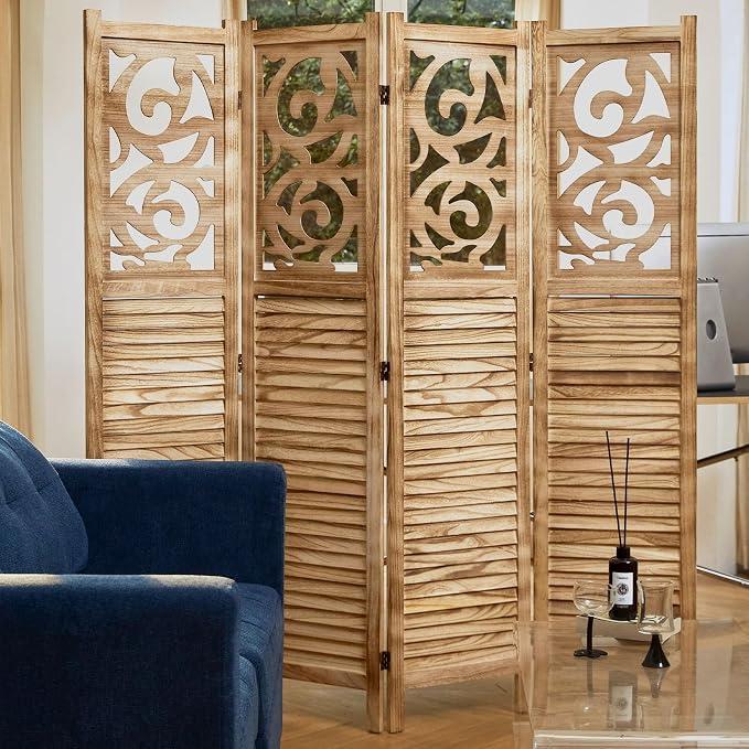 Room Divider Wood Carved Wall Divider Indoor Folding Portable Partition Screen - Image 5