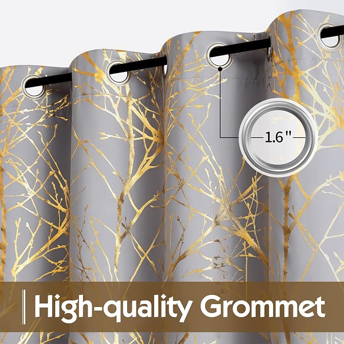 FMFUNCTEX 100% Blackout Grey Gold Foil Tree Curtains 96 Inch Long 2 Panels | - Image 3
