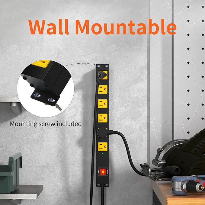 Heavy Duty 6 Outlet Metal Long Power Strip, 2700J Surge Protector with 15A Circuit Breaker, 10FT Extension Cord, Wall Mount for Garage, Workshop & Industrial Use, Wide Spaced (10ft)