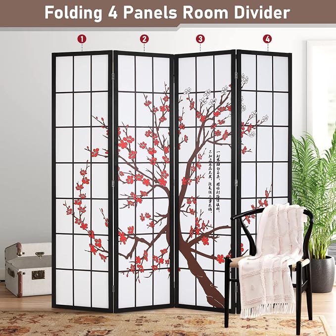 FDW Room Divider 6Ft Folding Privacy Divider 4 Panel Oriental Shoji Screen Wall - Image 2