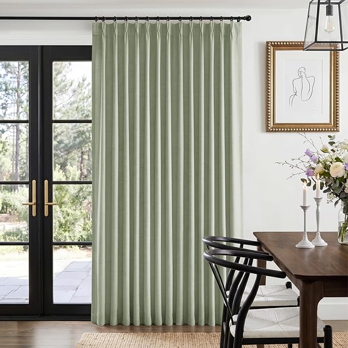 Pinch Pleated Full Blackout Faux Linen Curtains 102 Inches Long | Sage Green by 100BlackoutShield