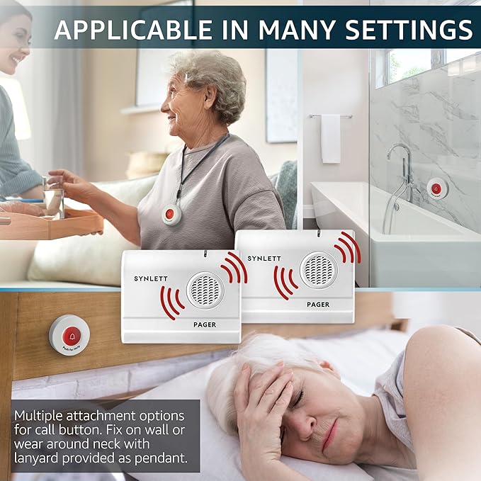 SYNLETT 2 Caregiver Pagers with 1 Call Button SOS Alert System for Elderly Seniors Patients Home Care Nurse Call Bed Alarm Emergency Monitoring