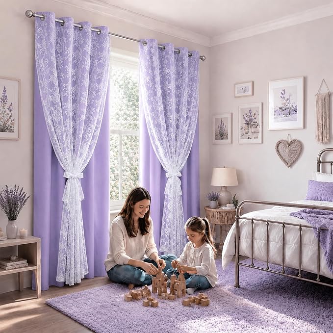 Yinhua Purple Curtains for Girls Room Double Layer Blackout Curtains for - Image 7