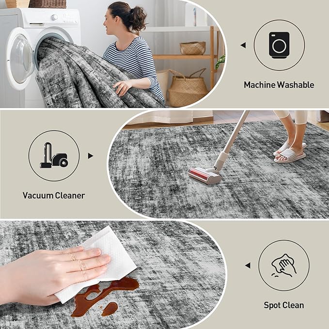 8x10 Area Rugs for Living Room: Washable Abstract Black Badroom Carpet | - Image 4