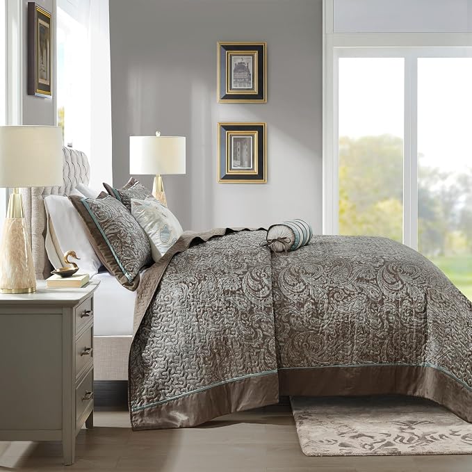 Madison Park Reversible Jacquard Quilted Queen Bedspread Set Blue/Brown - Image 3