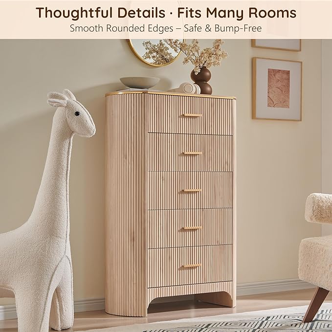 Fluted 5 Drawer Tall Dresser with Curved Profile,47.8" Tall Drawers with Reeded Texture,Gold Handles Storage Organizer Cabinet for Bedroom,Living Room,Entryway,Light Oak