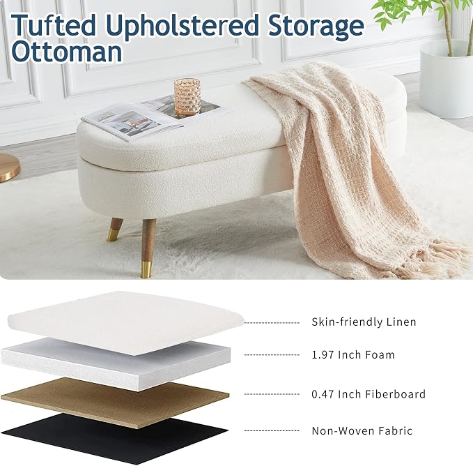 IAFIKE Oval Storage Bench 43.5" Ottoman Bench Upholstered Boucle Fabric - Image 5