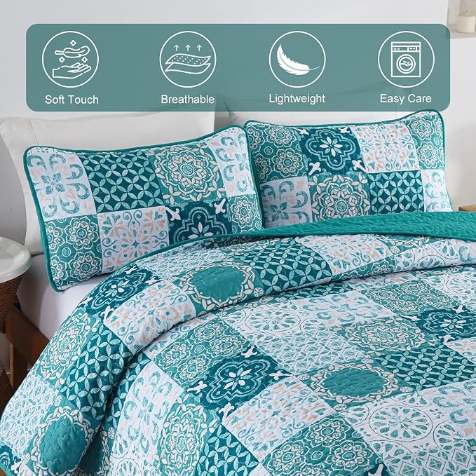 Teal Boho Quilt Set Queen Size, Plaid Patchwork Bedspreads Coverlet Set | 3Pcs - Image 4