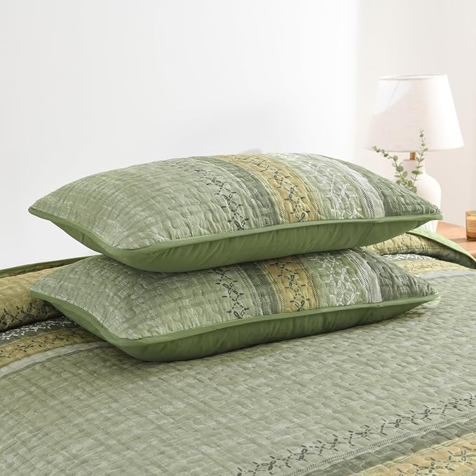 Cottolester Sage Green Queen Quilt Set, Sunner Striped Patchwork Bedspread | - Image 6