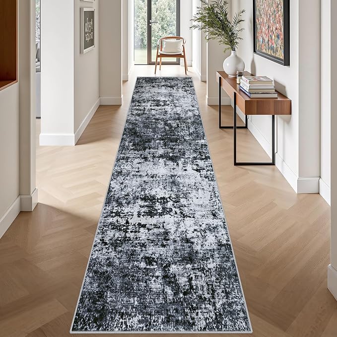 2.6x14 Washable Runner Rug:Modern Abstract Indoor Carpet Black | - Image 4