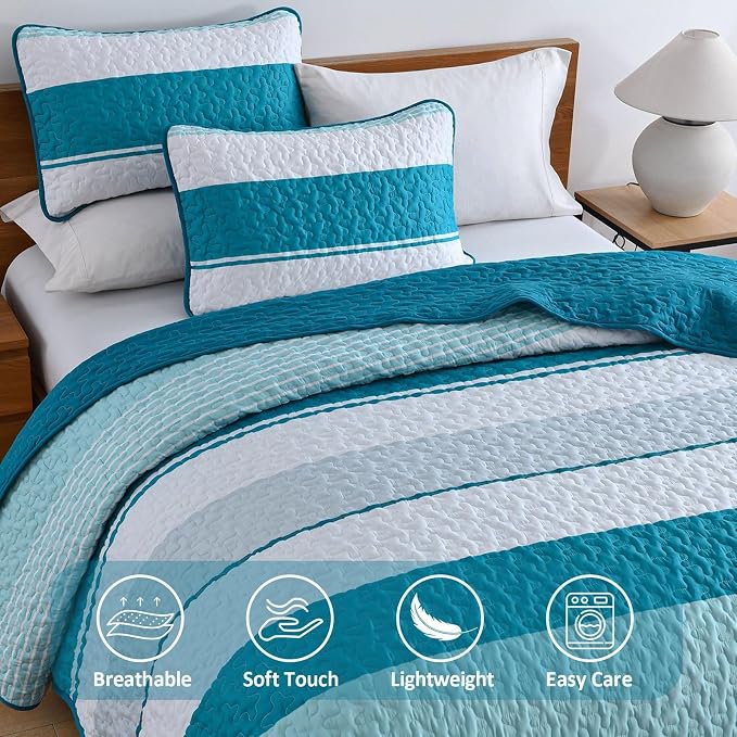 Dinjoy Queen Boho Striped Quilt Set, Teal Lightweight Bedspread Bedding | Soft - Image 4