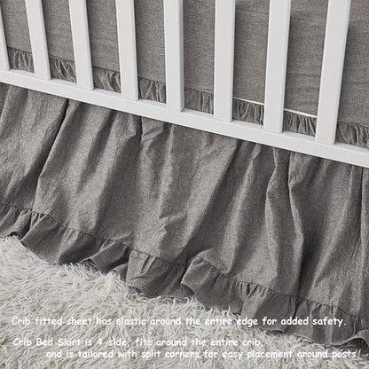 Brandream Boho Bohemian Boy Girl Baby Nursery Crib Bed Skirt Dust Ruffle - Neutral Solid Color Gray Grey Farmhouse Chic 100% Washed Cotton Ruffle - 4 Sided