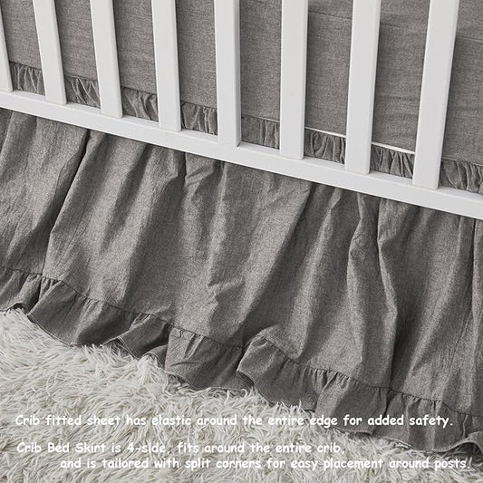 Brandream Boho Bohemian Boy Girl Baby Nursery Crib Bed Skirt Dust Ruffle - Neutral Solid Color Gray Grey Farmhouse Chic 100% Washed Cotton Ruffle - 4 Sided