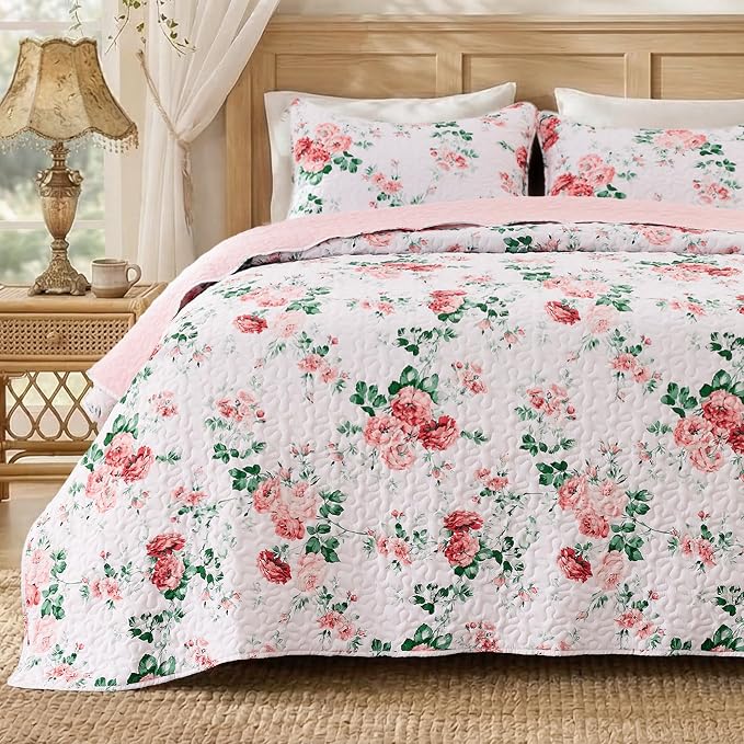 EXQ Home Printed Quilt Set Full Queen Size Pink Daphne Bedspread Set | Bedding by EXQHomeTexitleCoLtd