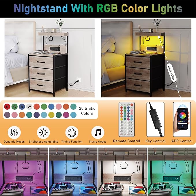 SZLHANJZ Night Stand Set 2, LED Lights and Charging Station, 3 Drawers | - Image 5
