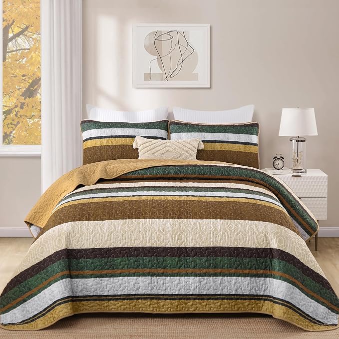 Dobuyly King Stripe Quilt Bedding Set, Boho Brown Lightweight Bedspread | - Image 2