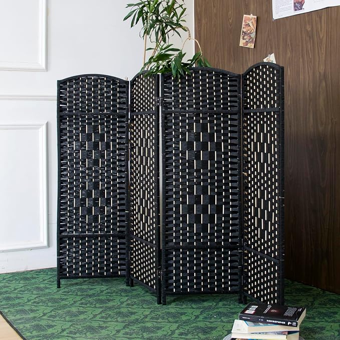 4 Panel Black Rattan Room Divider by Furnnylane