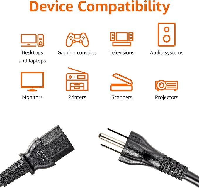 Amazon Basics PC Power Cord, 6 feet, 10-Pack, AC Power Cord for Monitor, Computer, TV, 3 Prong, 18 AWG, 125 Volts, Black