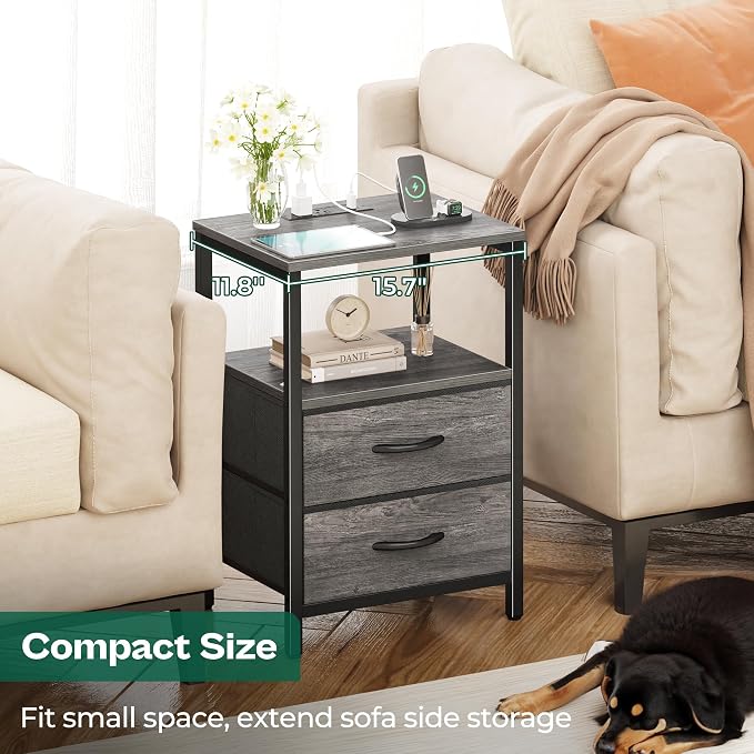 Huuger Nightstand with Charging Station, Side Table with Fabric Drawers | End - Image 6